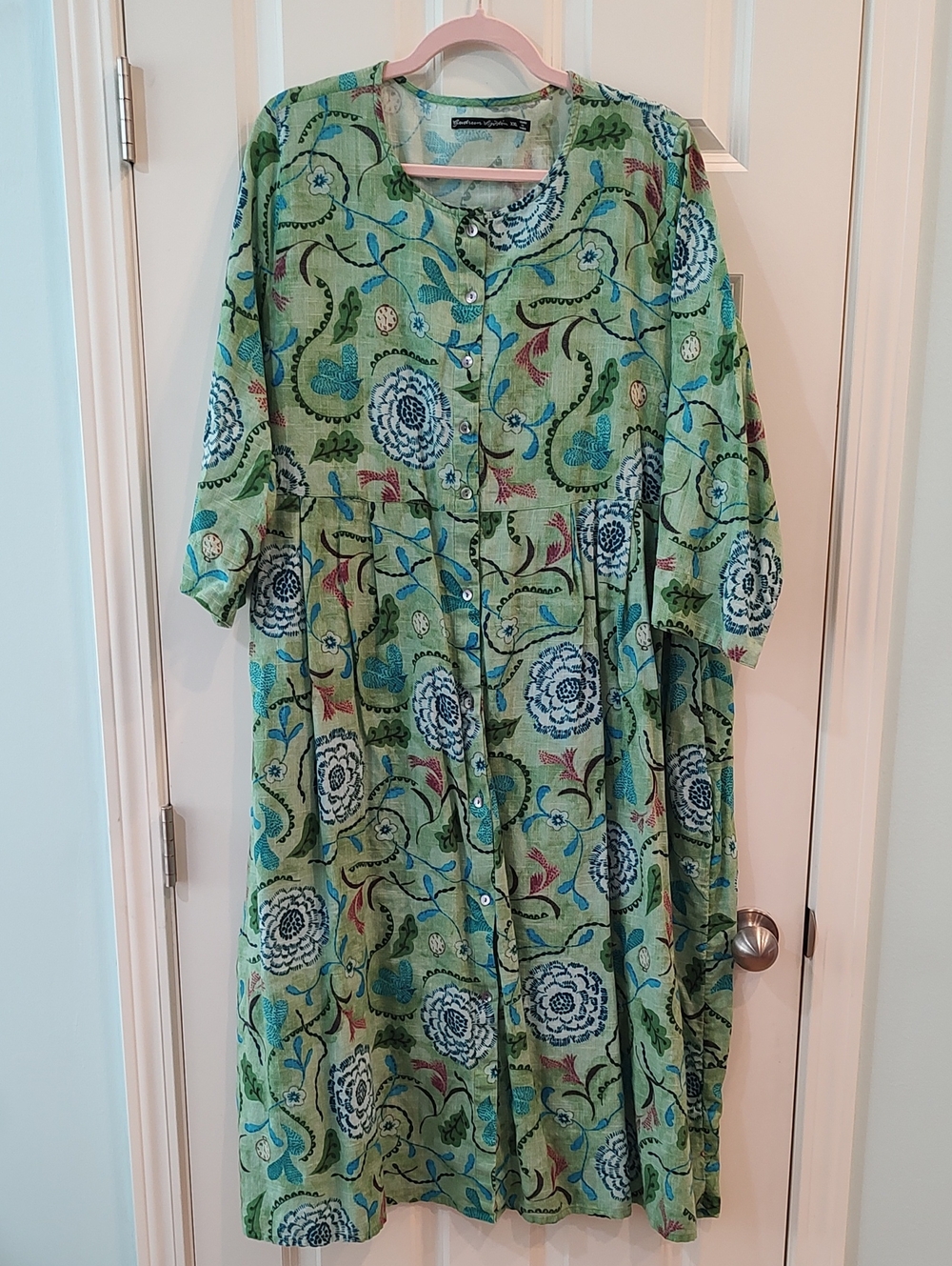 Gudrun Sjoden Green Floral Midi Dress with Blue Accents